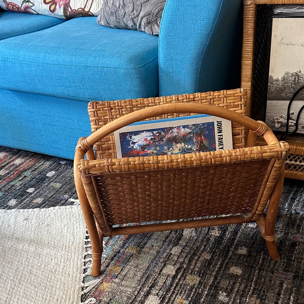 Bent Wood Bamboo Rattan Woven Magazine Rack Retro Boho Decor MCM‎ Style Vintage
